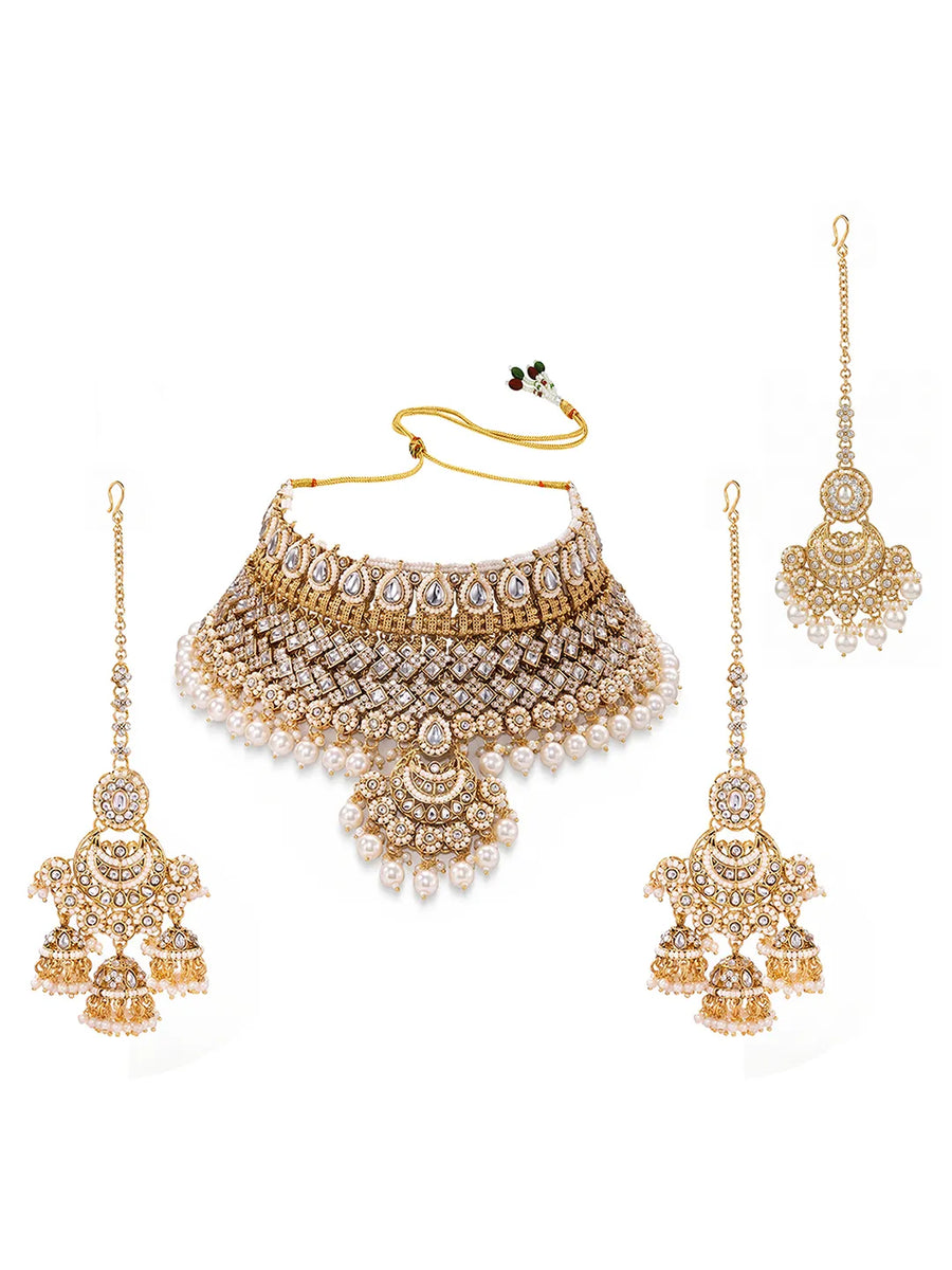 Gold Plated Kundan Pearl Bridal Jewellery Set