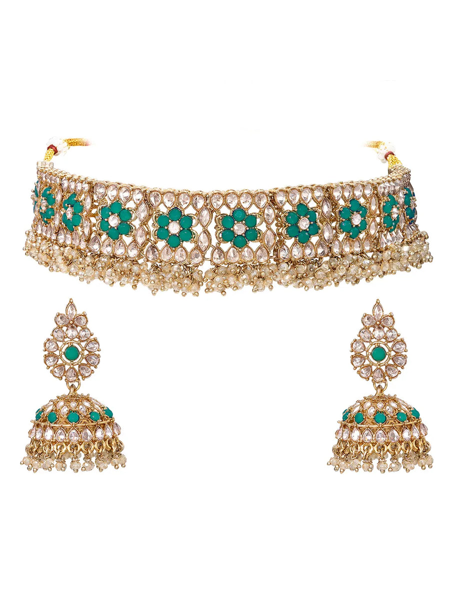 Gold Plated Green Stone Choker Necklace Set