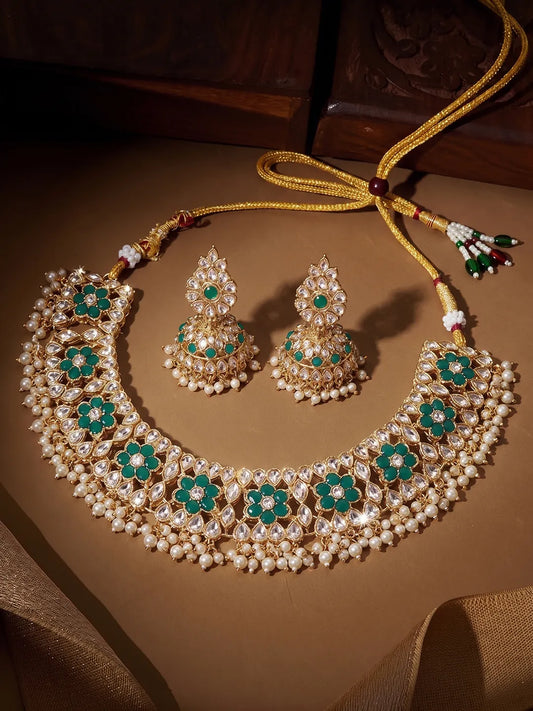 Gold Plated Green Stone Choker Necklace Set