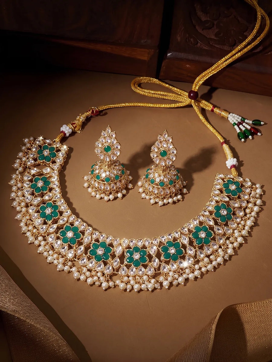 Gold Plated Green Stone Choker Necklace Set