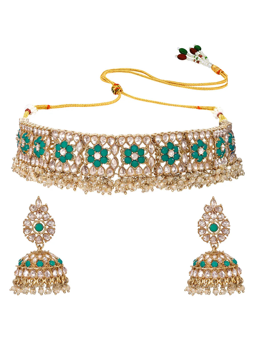 Gold Plated Green Stone Choker Necklace Set