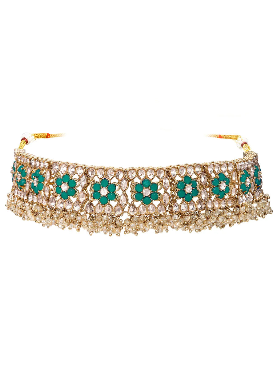 Gold Plated Green Stone Choker Necklace Set
