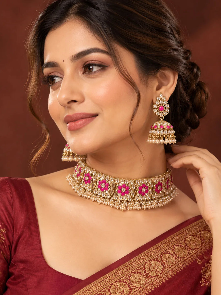Gold Plated Red Crystal Ornate Necklace Set