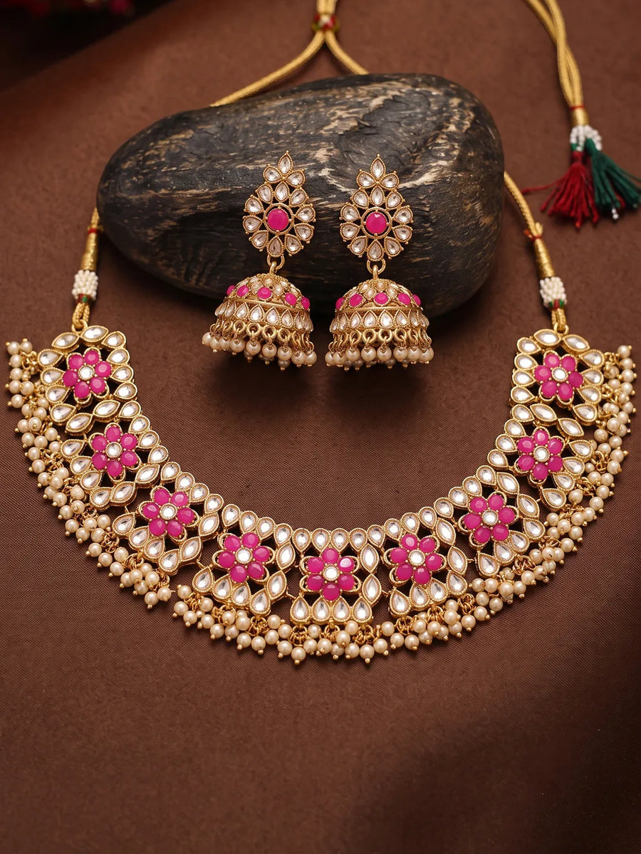 Gold Plated Red Crystal Ornate Necklace Set