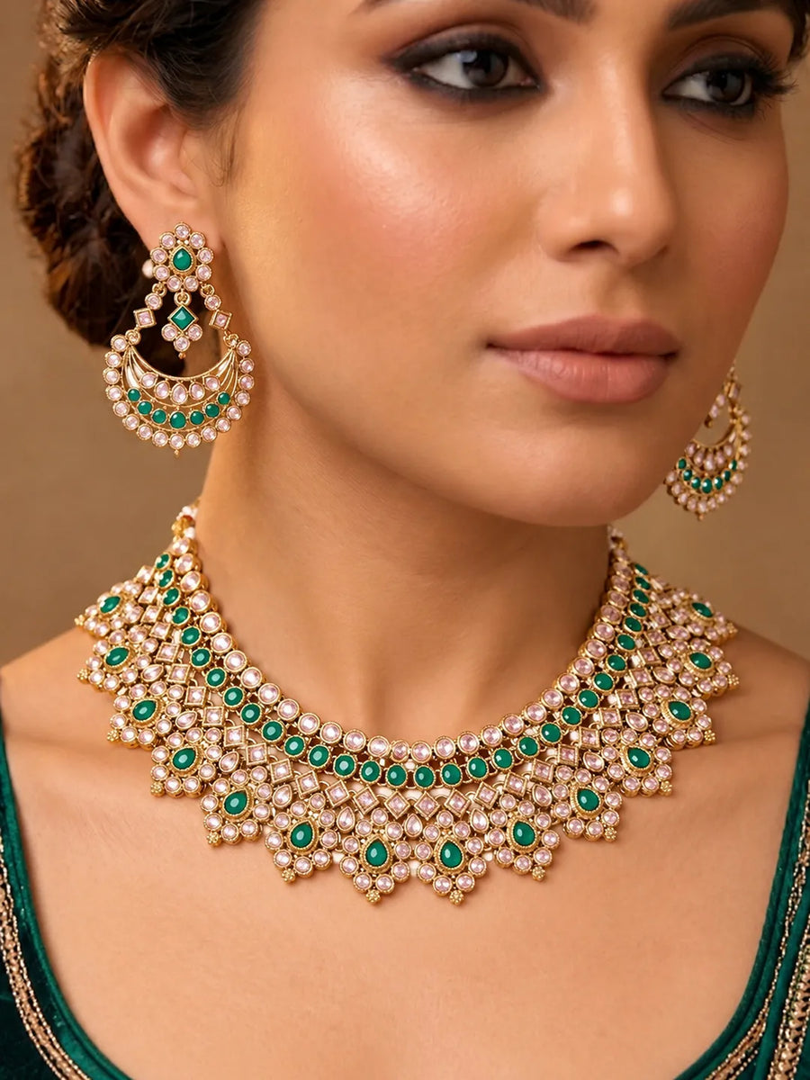 Gold Plated Green Crystal Traditional Set