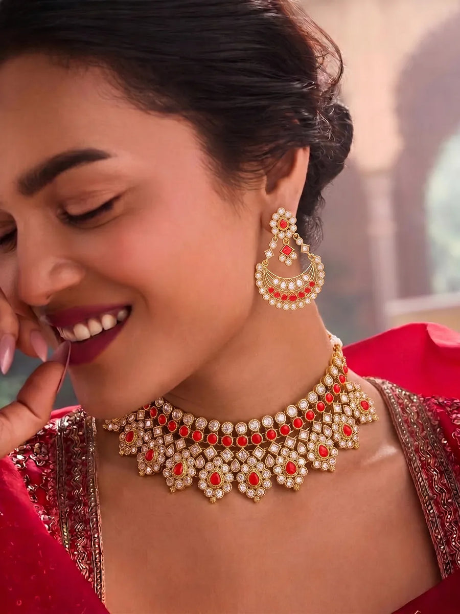 Gold Plated Ruby Kundan Statement Necklace