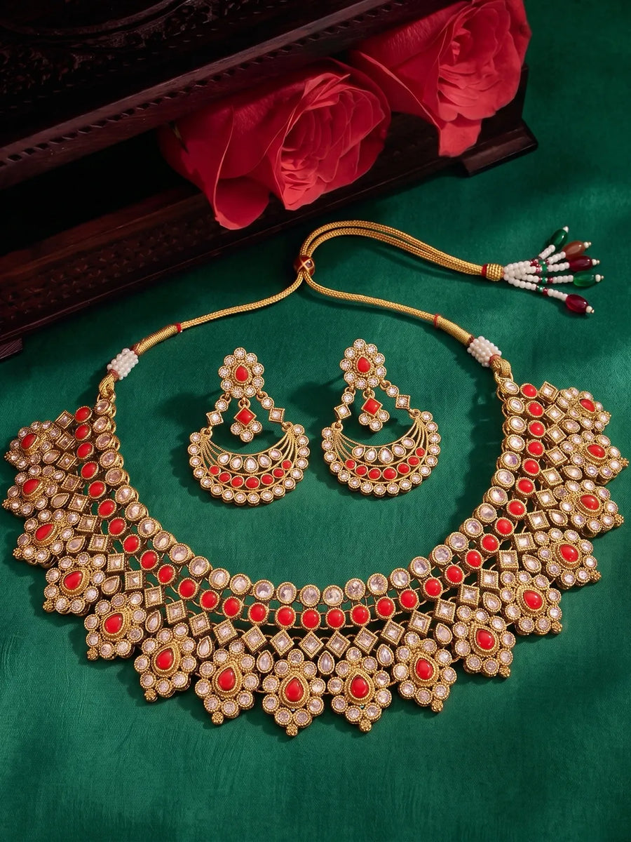 Gold Plated Ruby Kundan Statement Necklace