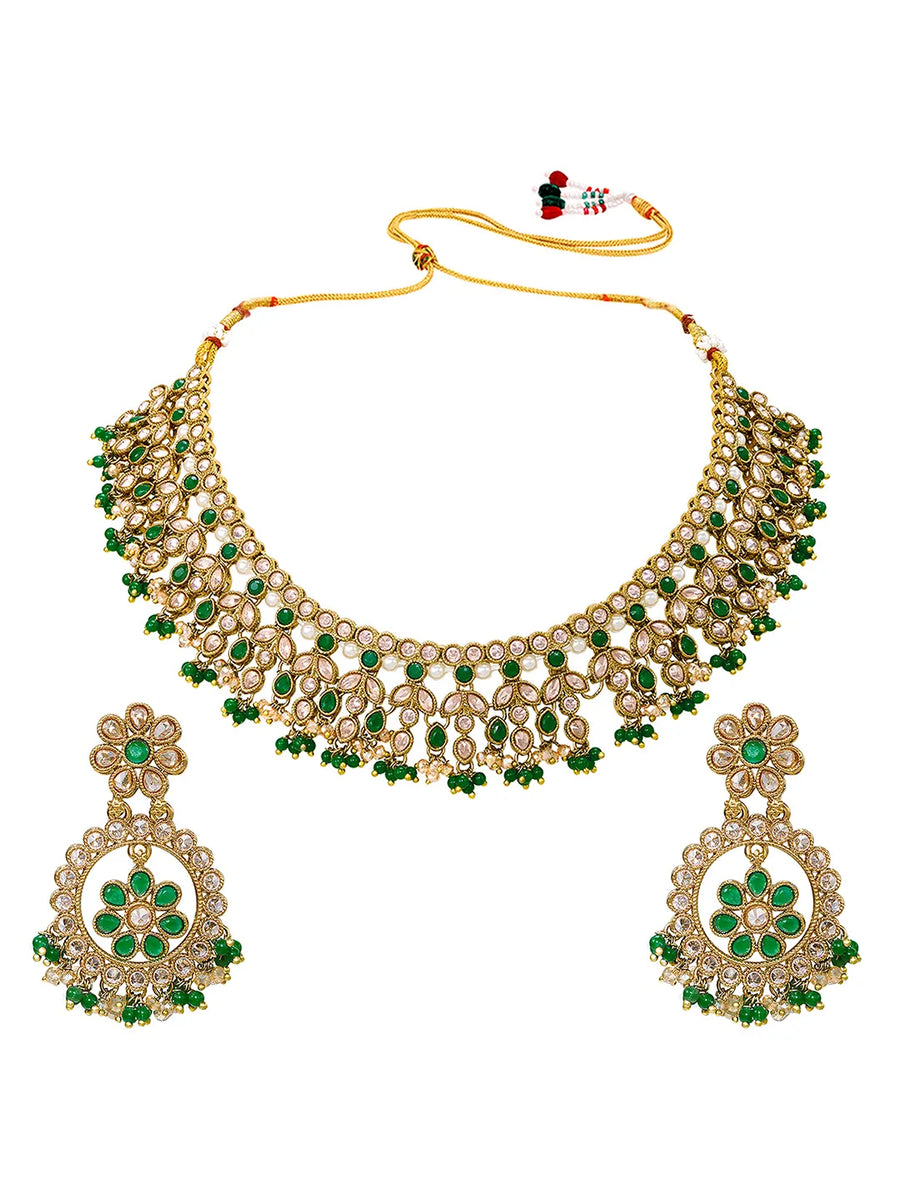 Gold Plated Green Kundan Bridal Necklace Set