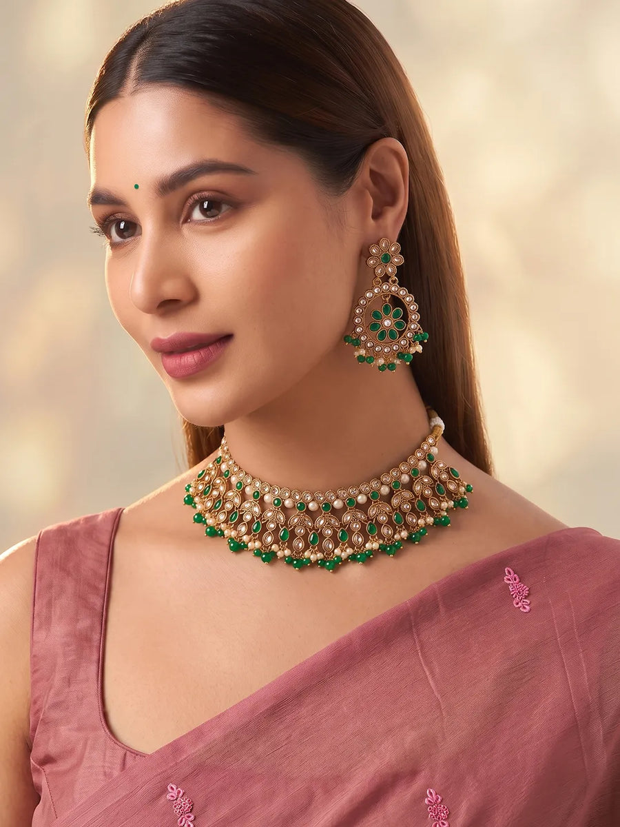 Gold Plated Green Kundan Bridal Necklace Set