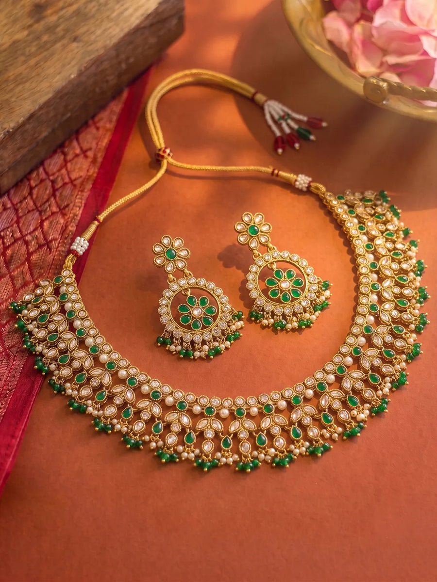 Gold Plated Green Kundan Bridal Necklace Set