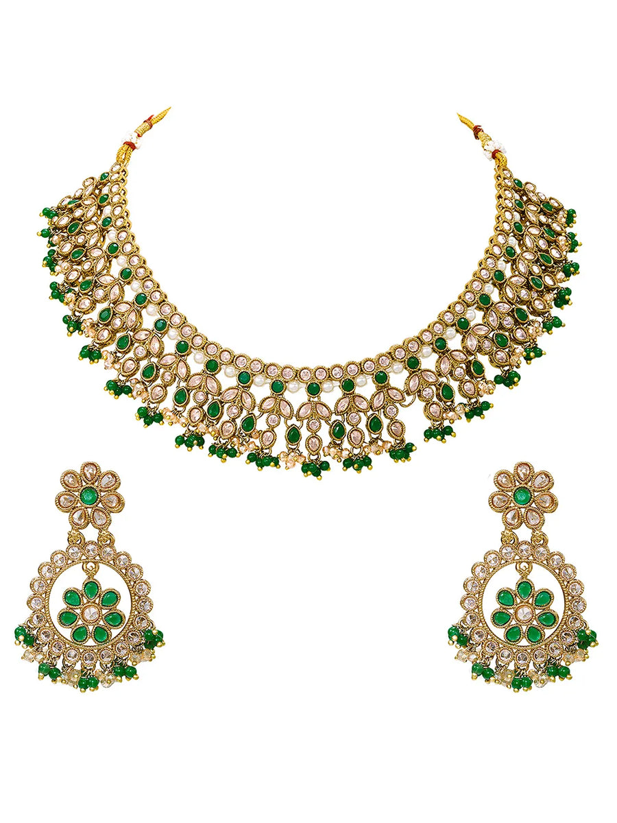 Gold Plated Green Kundan Bridal Necklace Set