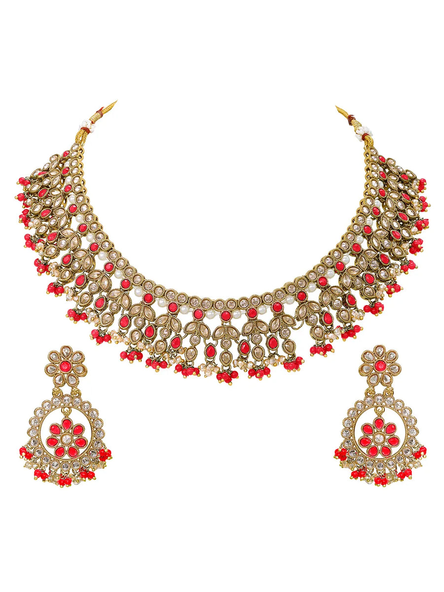 Gold Plated Red Kundan Bridal Necklace Set