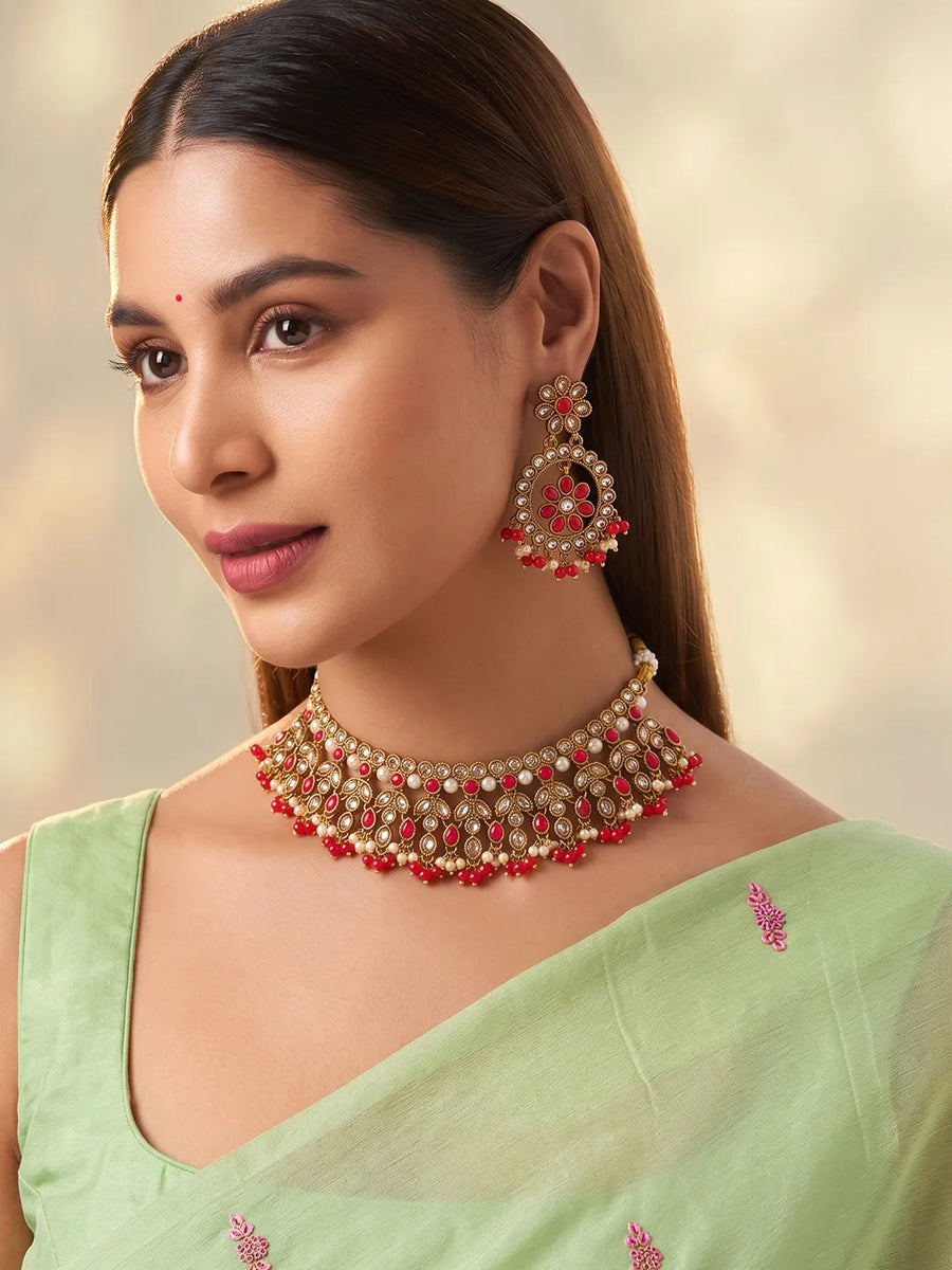 Gold Plated Red Kundan Bridal Necklace Set