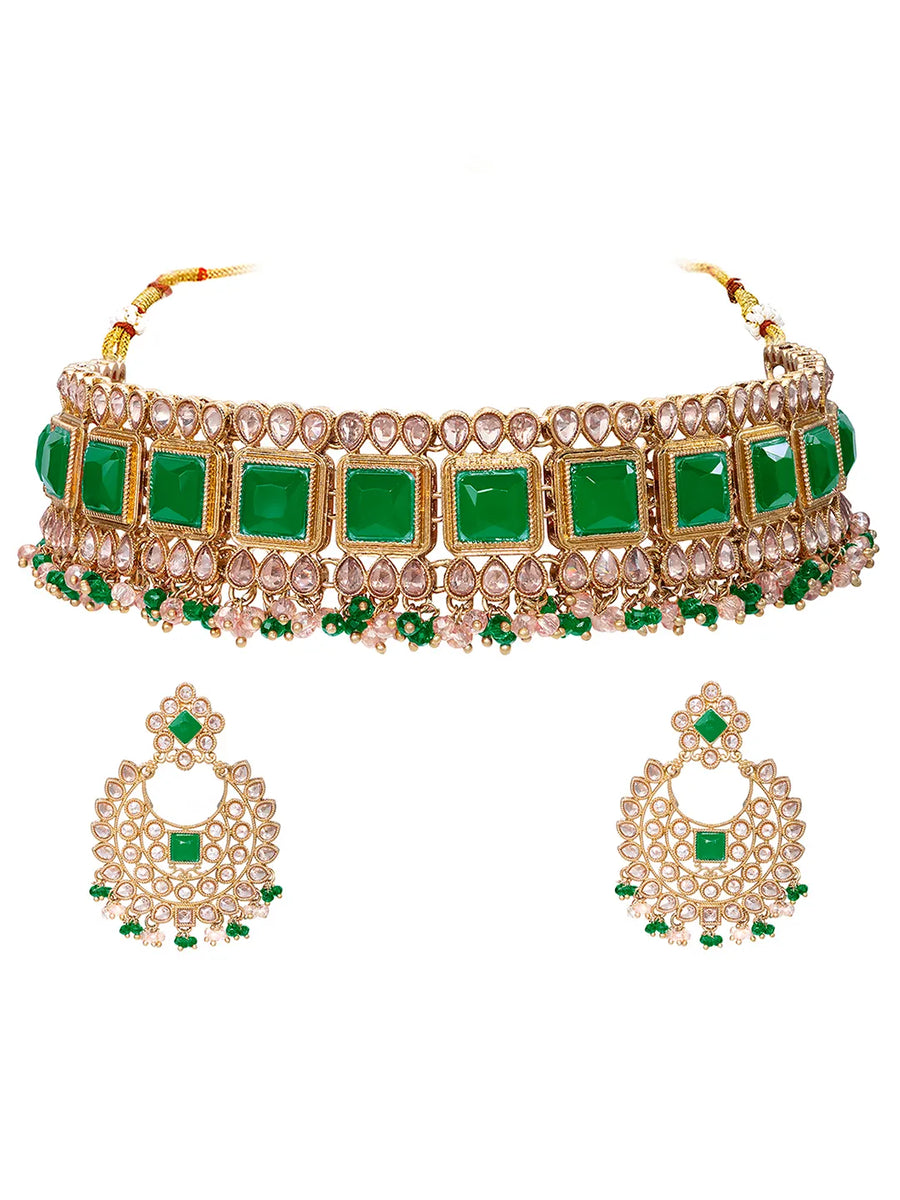 Gold Plated Green Bead Radiant Necklace Set