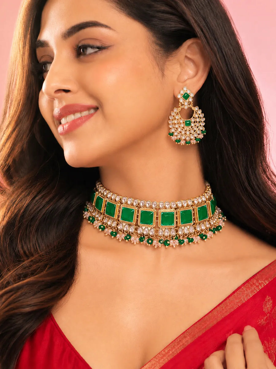 Gold Plated Green Bead Radiant Necklace Set