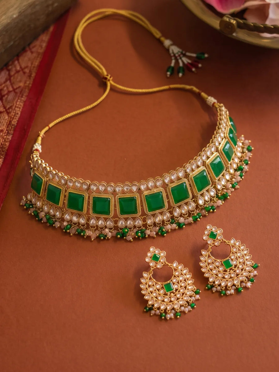 Gold Plated Green Bead Radiant Necklace Set