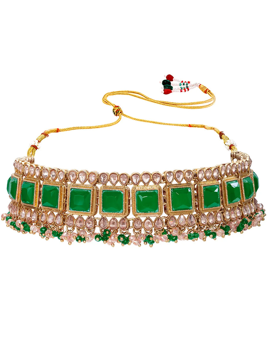 Gold Plated Green Bead Radiant Necklace Set