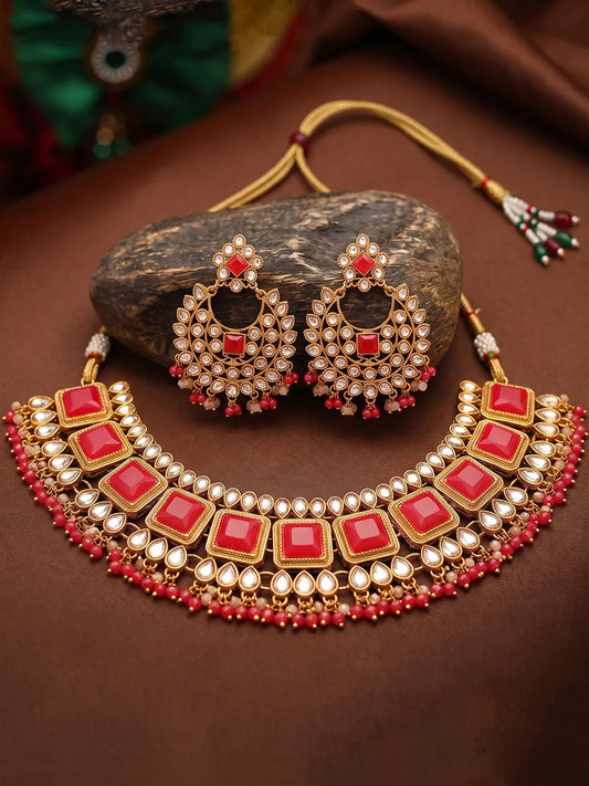 Gold Plated Red Kundan Necklace Set for Women