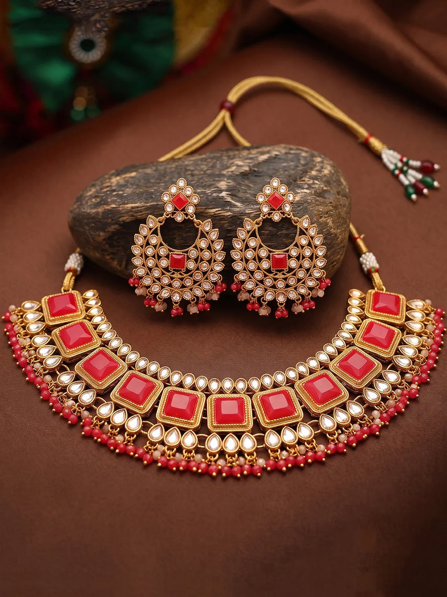 Gold Plated Red Kundan Necklace Set for Women