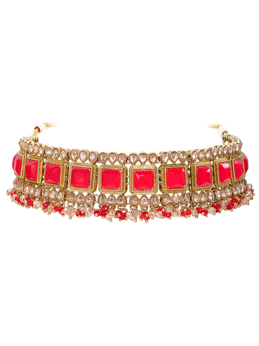 Gold Plated Red Kundan Necklace Set for Women