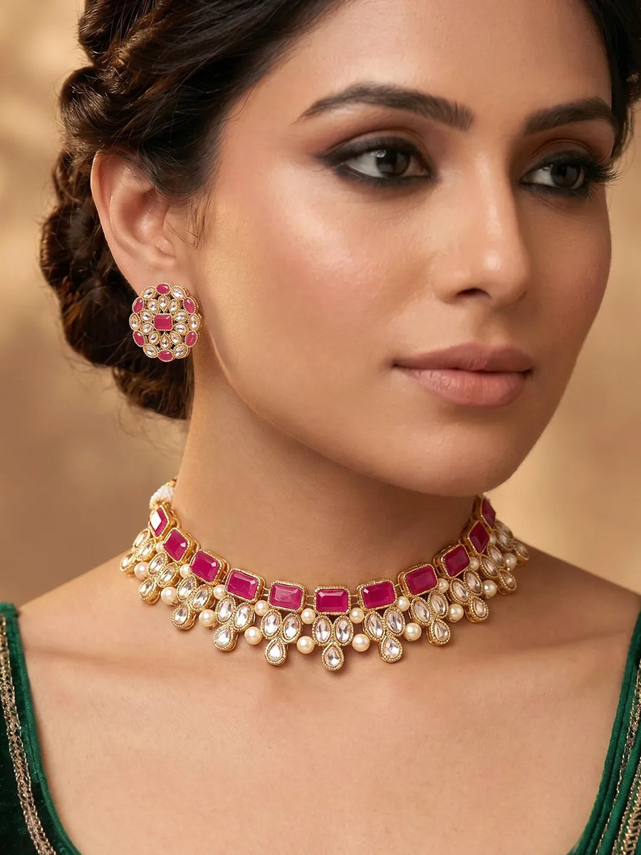 Gold Plated Pink Glory Kundan Necklace Set