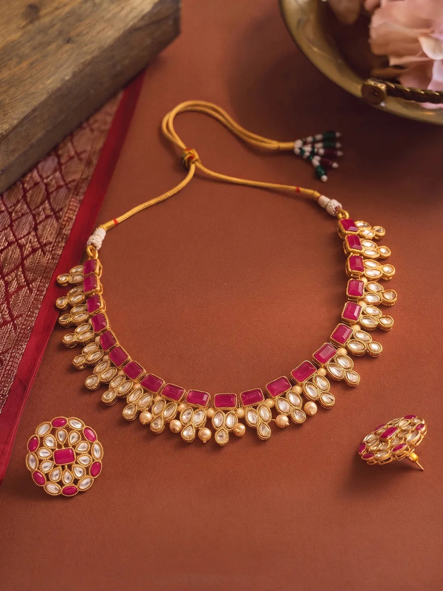Gold Plated Pink Glory Kundan Necklace Set