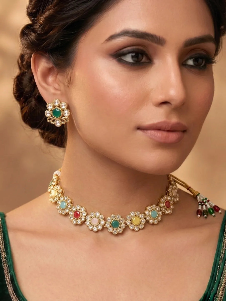 Gold Plated Multicolor Floral Kundan Necklace Set