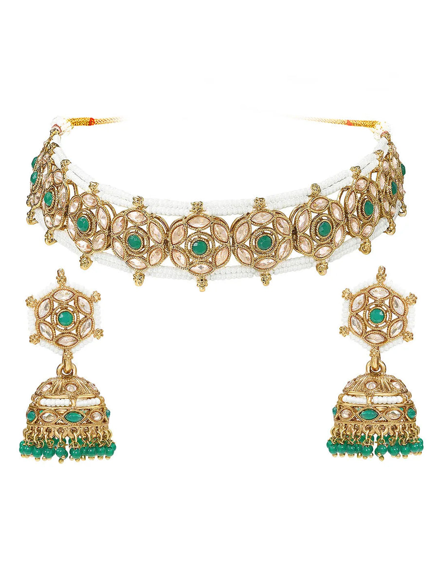 Gold Plated Emerald Crest Kundan Choker Set