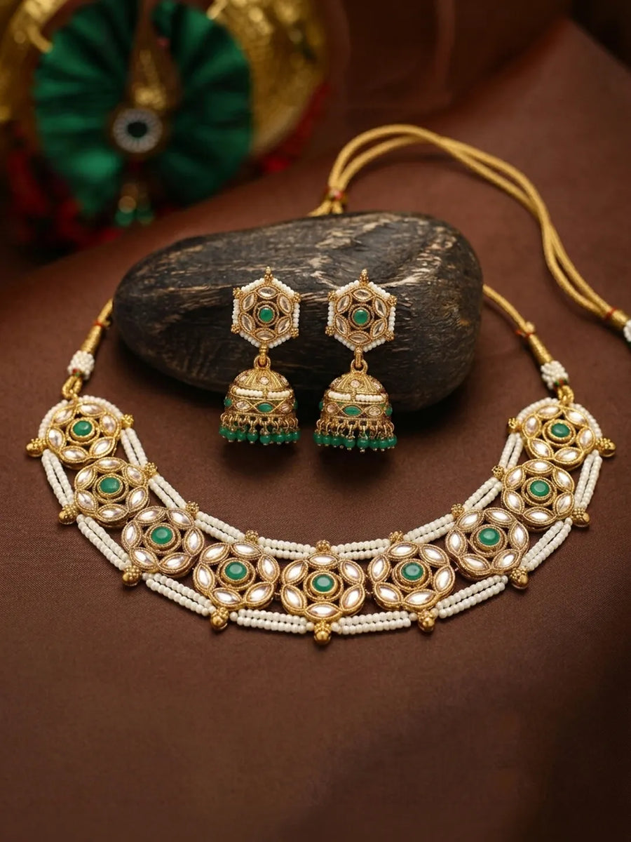 Gold Plated Emerald Crest Kundan Choker Set