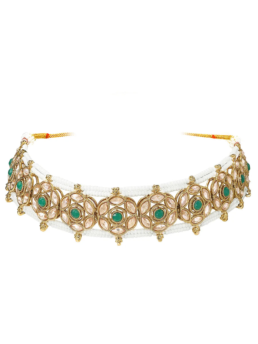 Gold Plated Emerald Crest Kundan Choker Set
