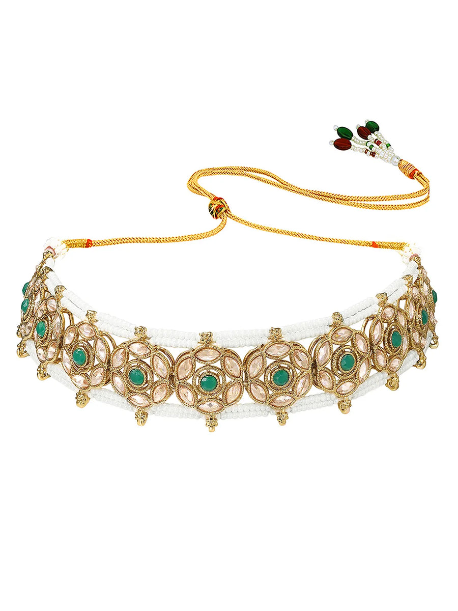 Gold Plated Emerald Crest Kundan Choker Set