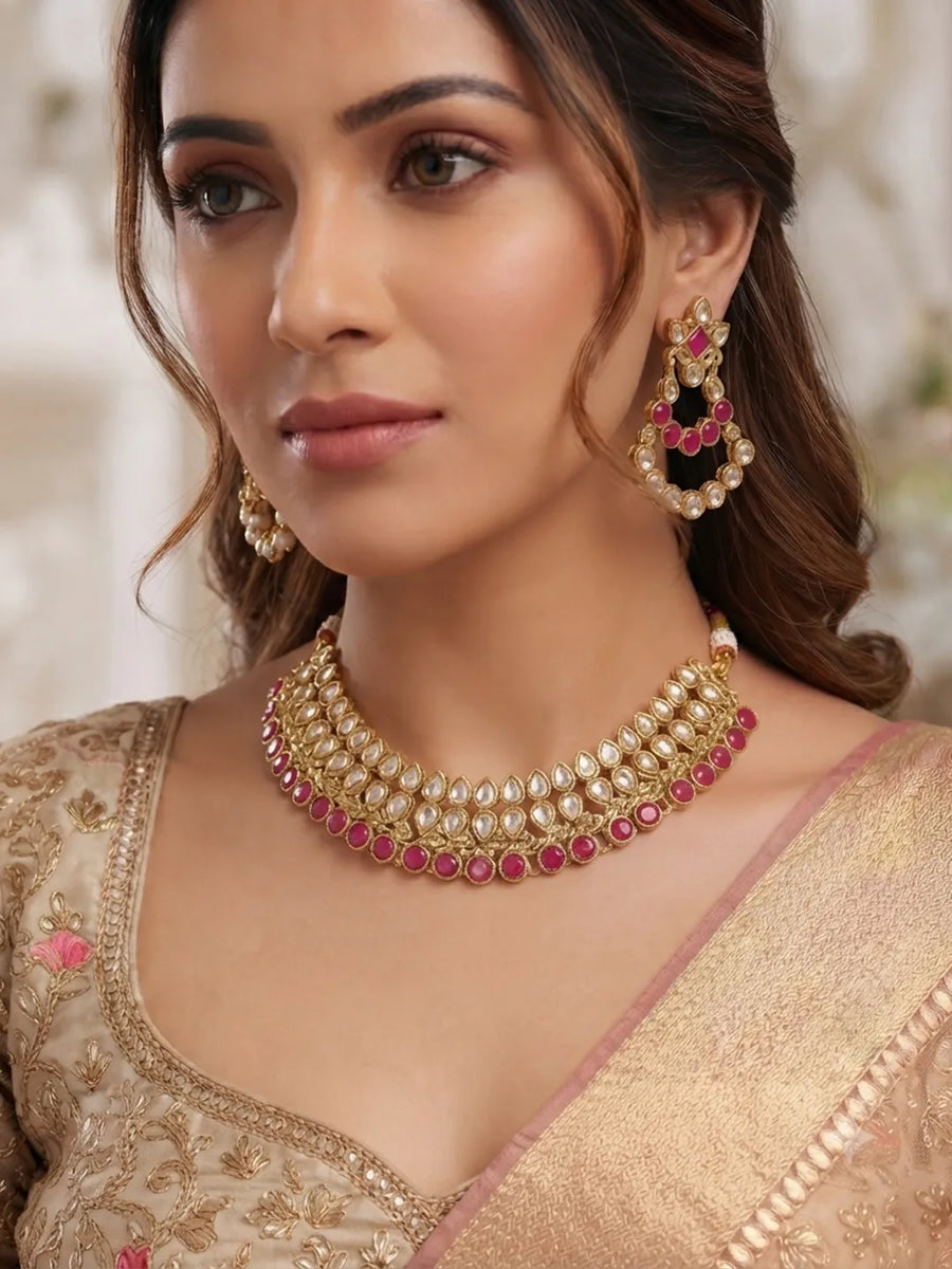 Gold Plated Maharani Pink Kundan Choker Set