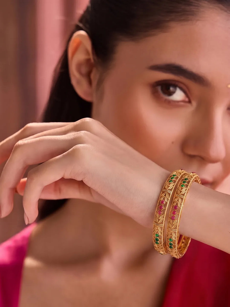 Gold Plated Red Green Stone Bangles
