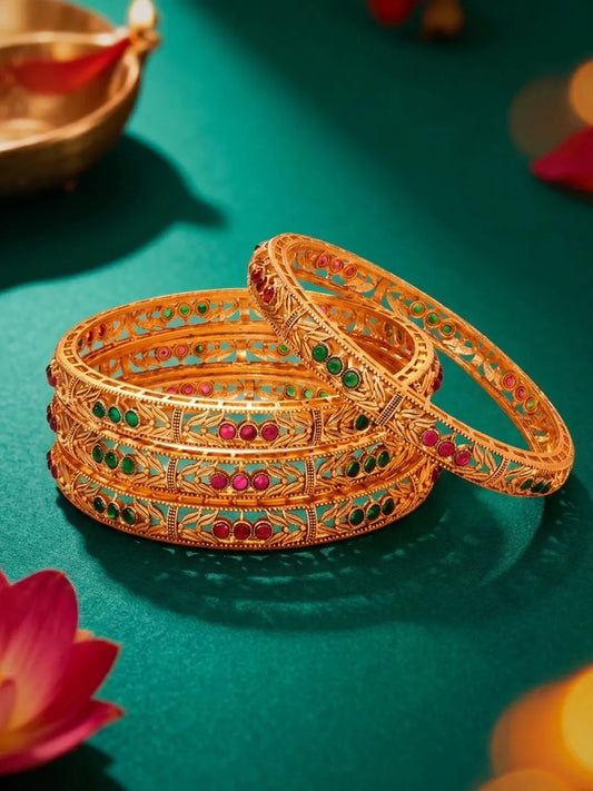 Gold Plated Red Green Stone Bangles