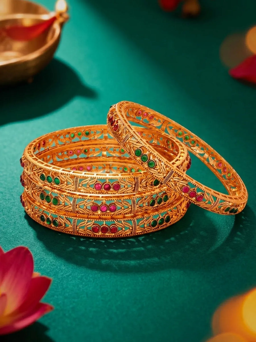 Gold Plated Red Green Stone Bangles