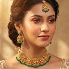 Gold Plated Green Bead Temple Necklace Set