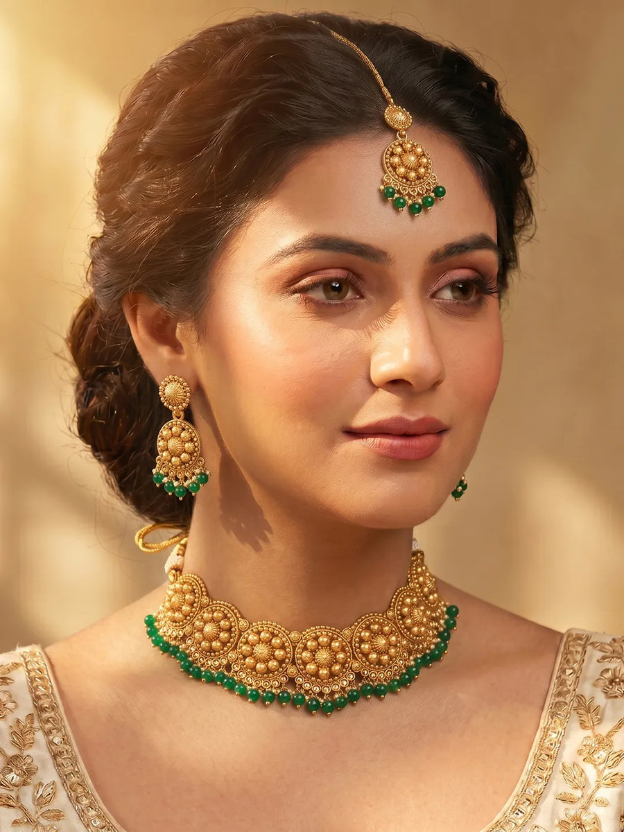 Gold Plated Green Bead Temple Necklace Set