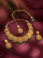 Gold Plated Green Bead Temple Necklace Set
