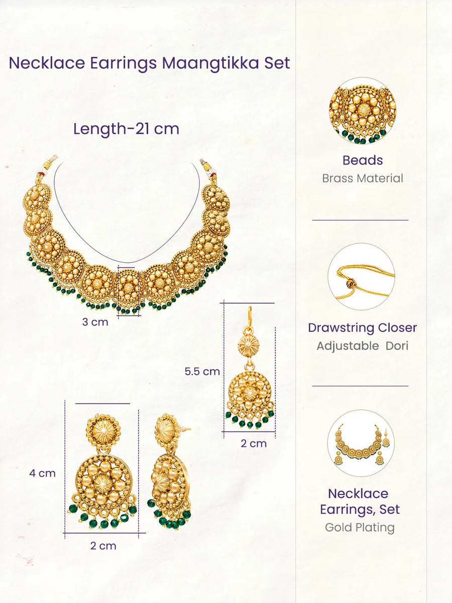 Gold Plated Green Bead Temple Necklace Set