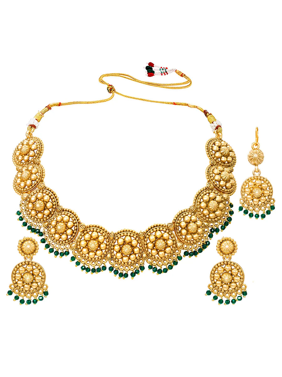 Gold Plated Green Bead Temple Necklace Set