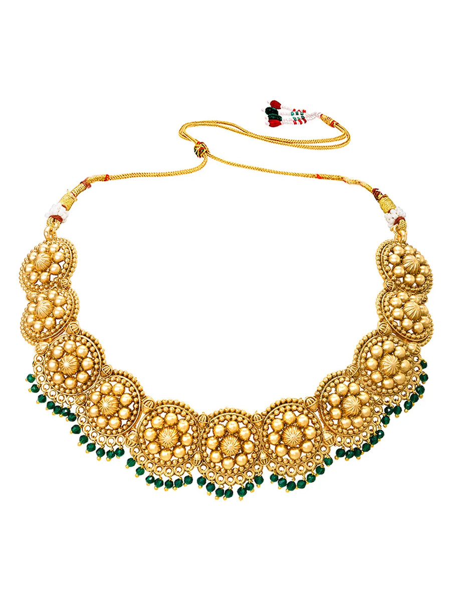 Gold Plated Green Bead Temple Necklace Set