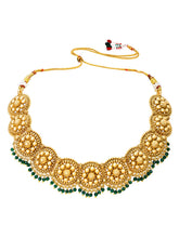 Gold Plated Green Bead Temple Necklace Set