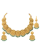 Gold Plated Green Bead Temple Necklace Set
