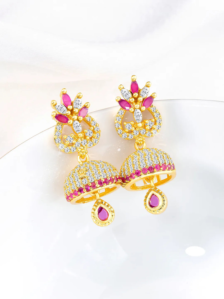 Glimmering CZ Drops Jhumki Earrings - Rani Pink