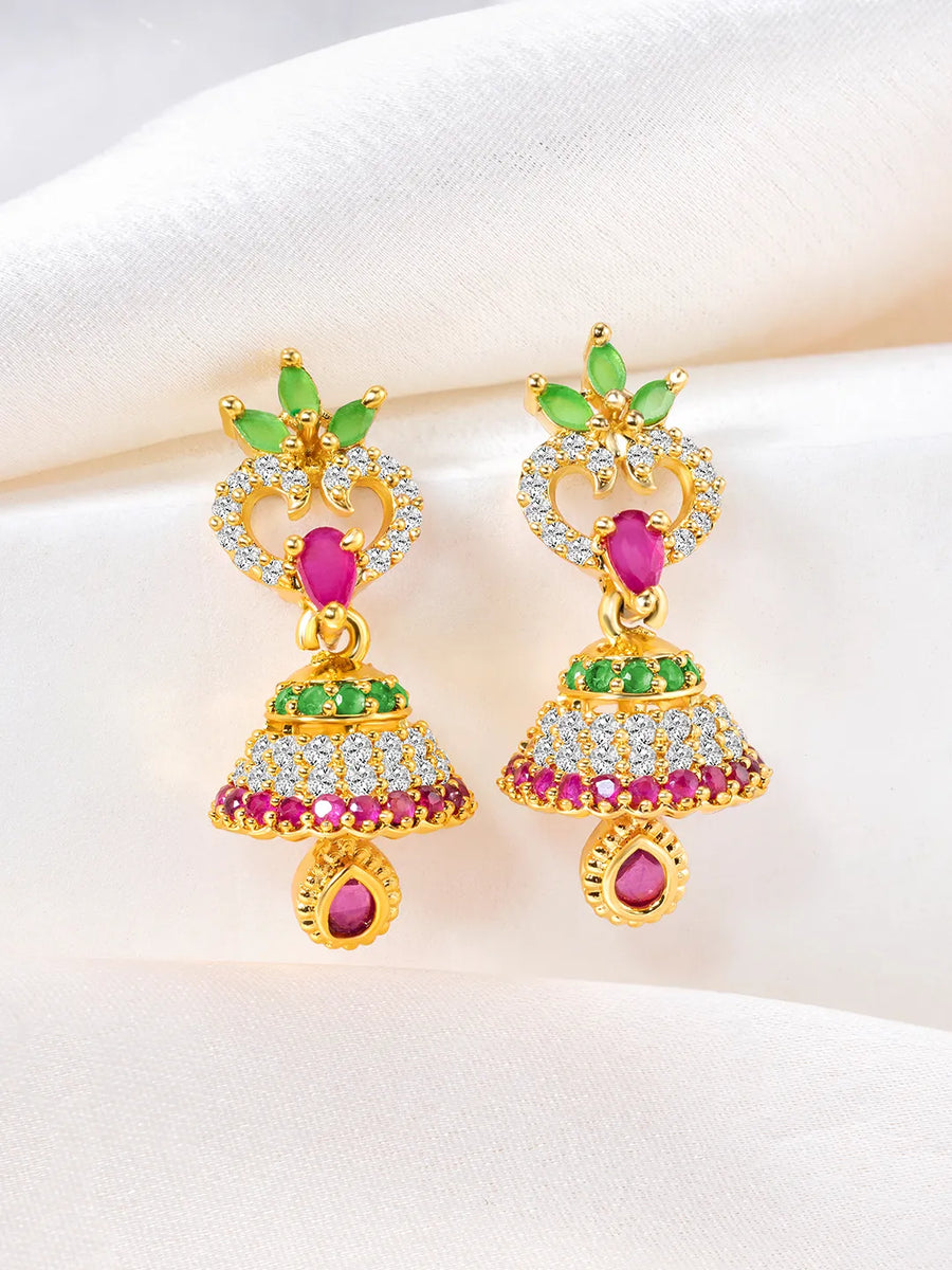 Vibrant Sparkle CZ Beauty Jhumki - Rani Pink Green