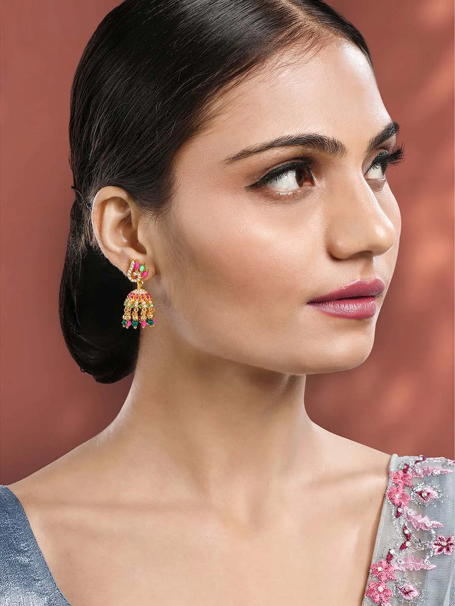 Charmed by Color CZ Jhumki Earrings - Rani Pink Green
