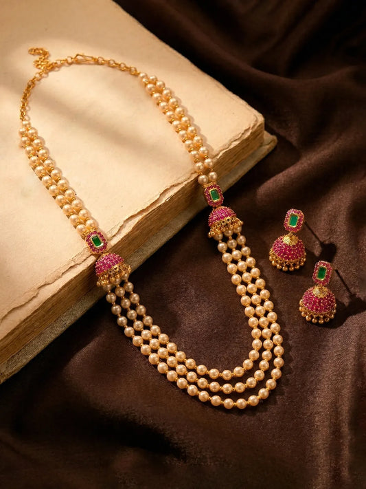 Peora Royal Pearl Layered Mala With Jhumka Set