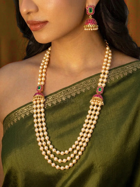 Peora Royal Pearl Layered Mala With Jhumka Set