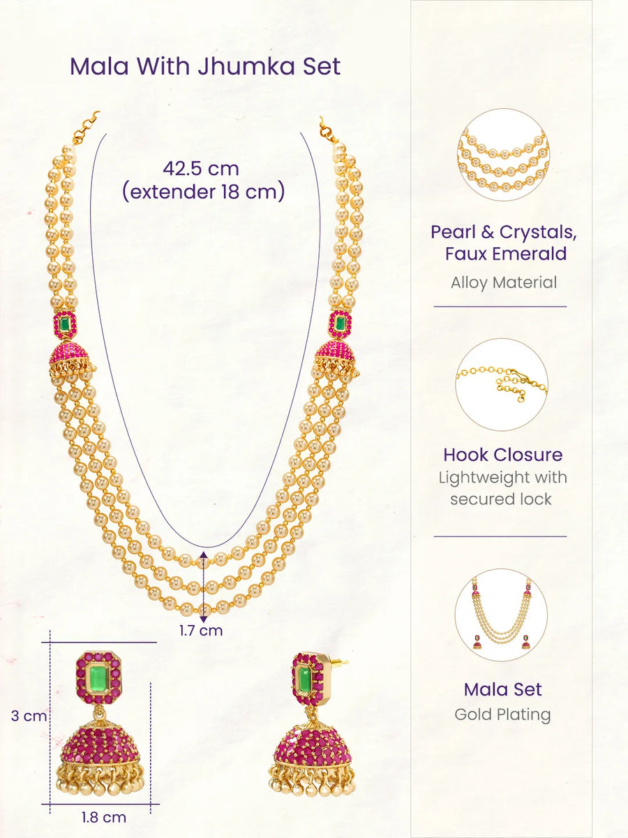 Peora Royal Pearl Layered Mala With Jhumka Set