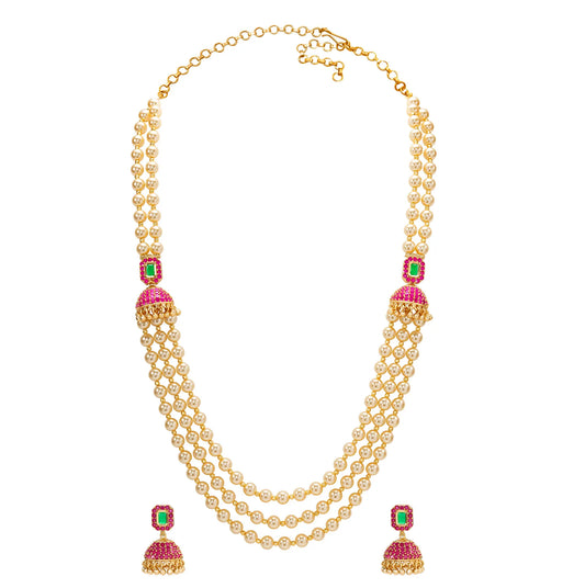 Peora Royal Pearl Layered Mala With Jhumka Set